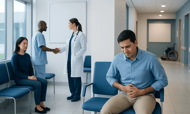 Patient experiencing stomach pain in a hospital waiting area.
