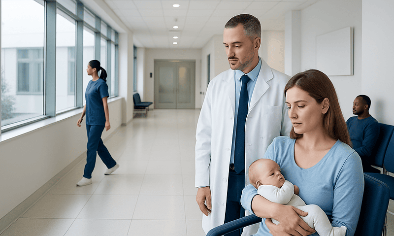 Doctor with mother and baby in hospital corridor.