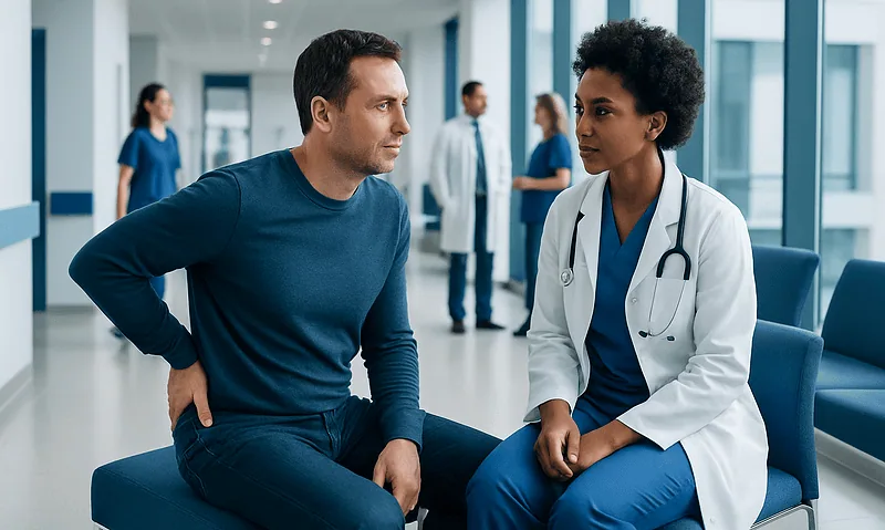 Doctor consulting a patient in a hospital corridor.