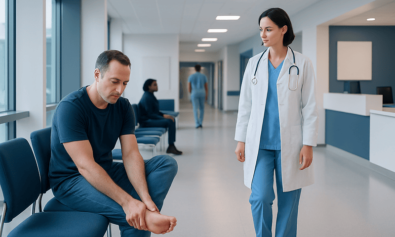 Patient consulting with doctor in hospital corridor.