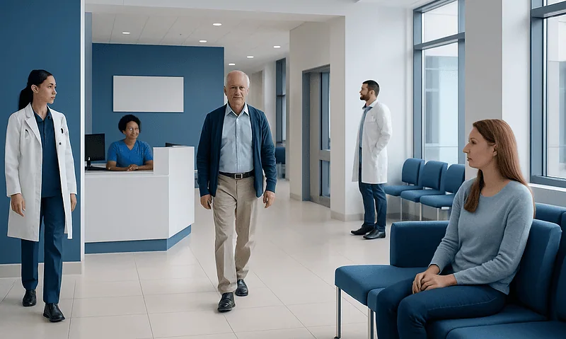 Hospital waiting area with medical staff and patient.