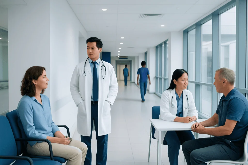 Herbs for Pain Explained: Common Triggers and Red Flags 1 Medical consultation at Acibadem Hospital with doctors and patient in a modern corridor.