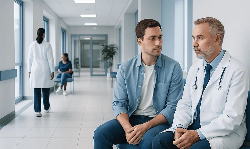 Doctor consulting with a young male patient in a hospital corridor.