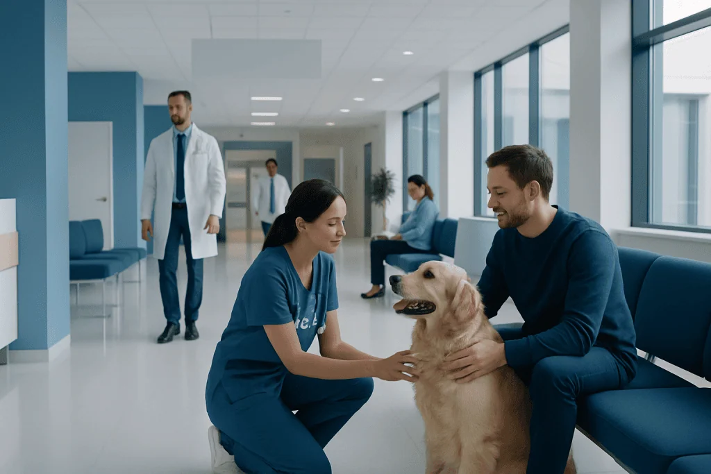 Can Humans Get a Dog Sick? Causes, Explanations, and Next Steps 1 Veterinarian with dog and owner in a modern hospital corridor.