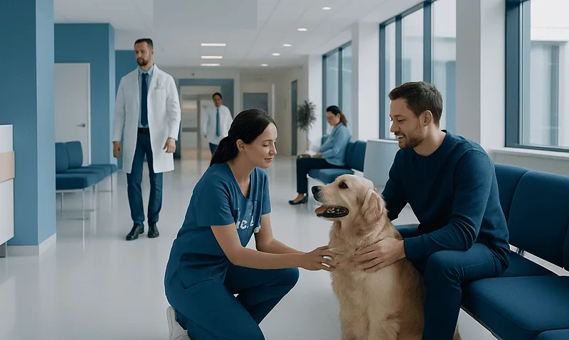Veterinarian with dog and owner in a modern hospital corridor.