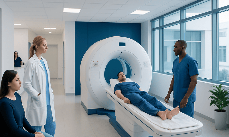 Patient undergoing MRI scan in a modern hospital setting.