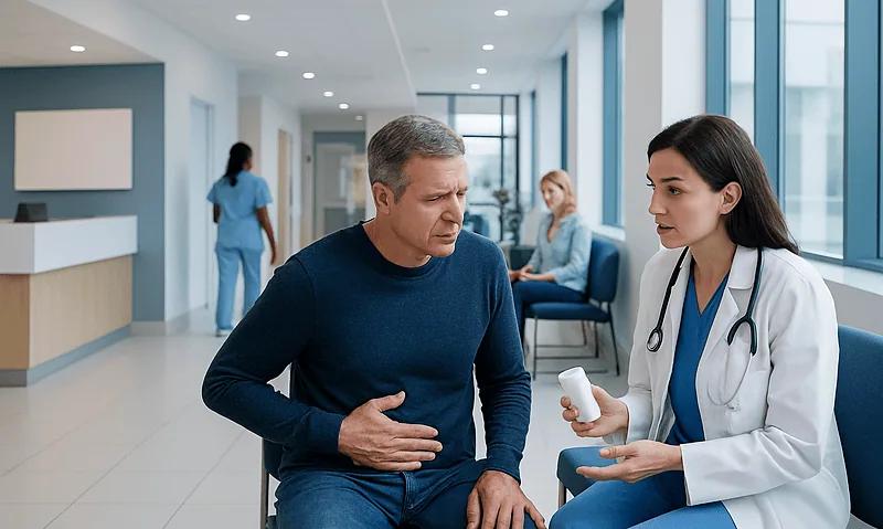 Doctor explaining medication to a patient in a hospital corridor.