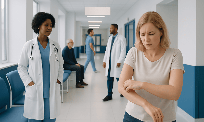 What Cancer Can Cause Itchy Skin? Causes, Explanations, and Next Steps 8 Woman with itchy skin in hospital corridor with doctors and patients.