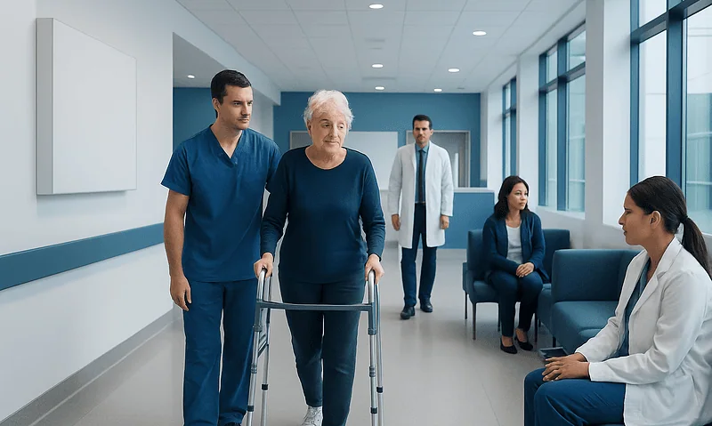 Elderly woman walking with walker in hospital corridor with medical staff.