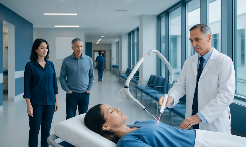 Doctor performing laser treatment on patient in hospital corridor.