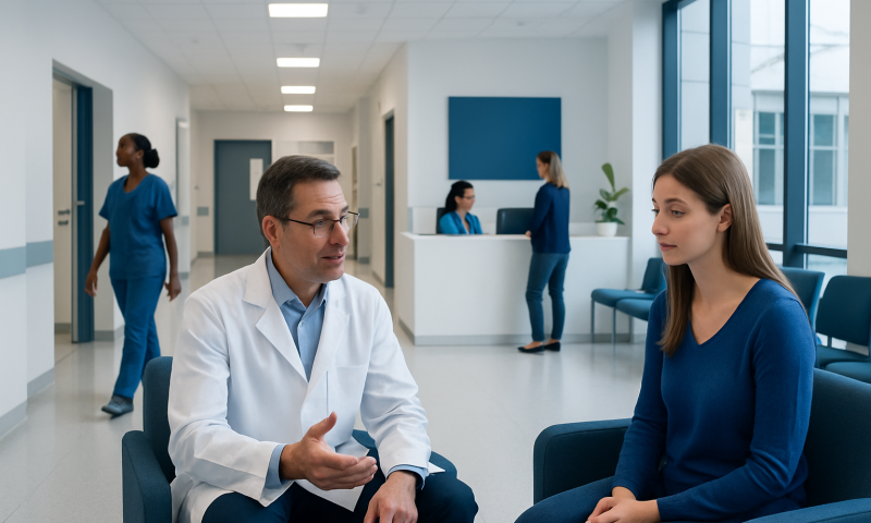 Ophthalmologist consulting with a patient in a modern hospital corridor.