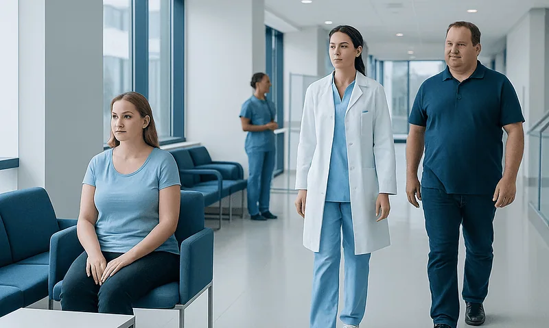 Patient waiting in hospital corridor with medical staff nearby.