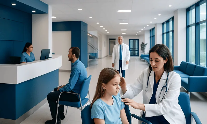 Doctor examining young girl in hospital waiting area with staff and patients present.