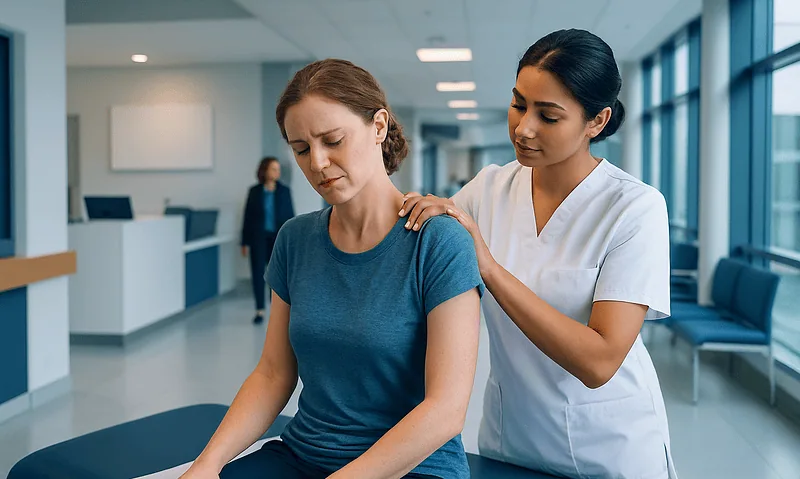 Medical professional providing shoulder massage to a patient in a clinic.