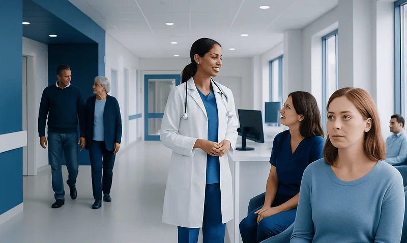 Healthcare professionals and patients in a modern hospital corridor.