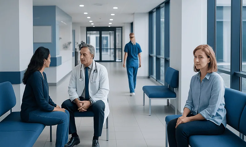 Doctor consulting with a patient in a modern hospital corridor.