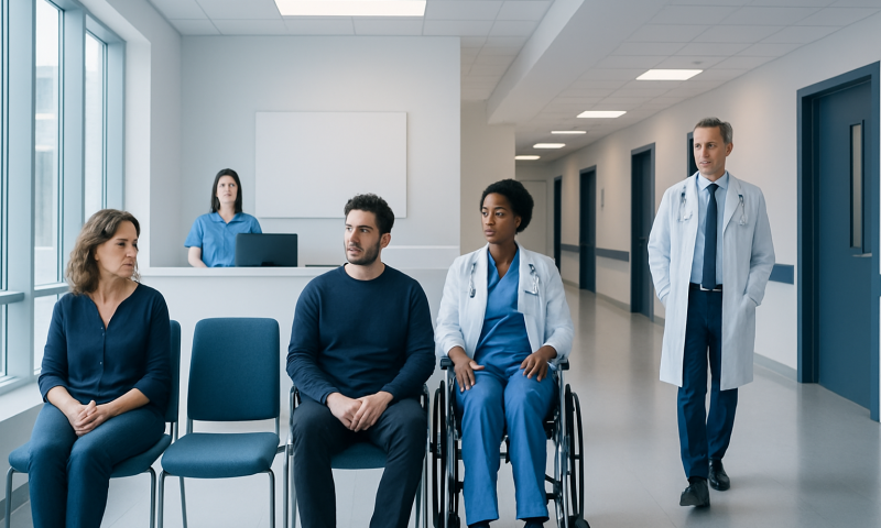 Medical consultation with diverse healthcare professionals in hospital corridor.