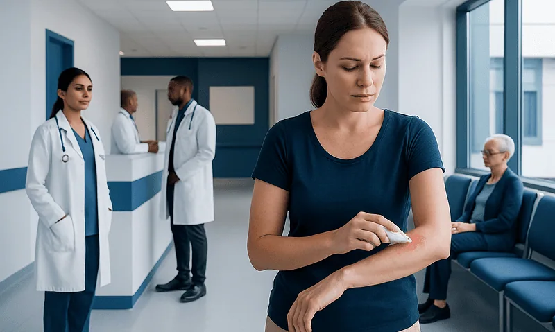 Woman applying cream in a hospital corridor with medical staff in background.