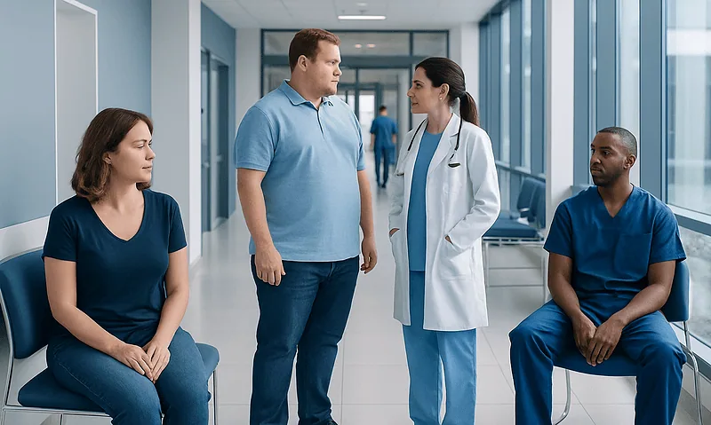 Patients and doctor in hospital corridor discussing health concerns.