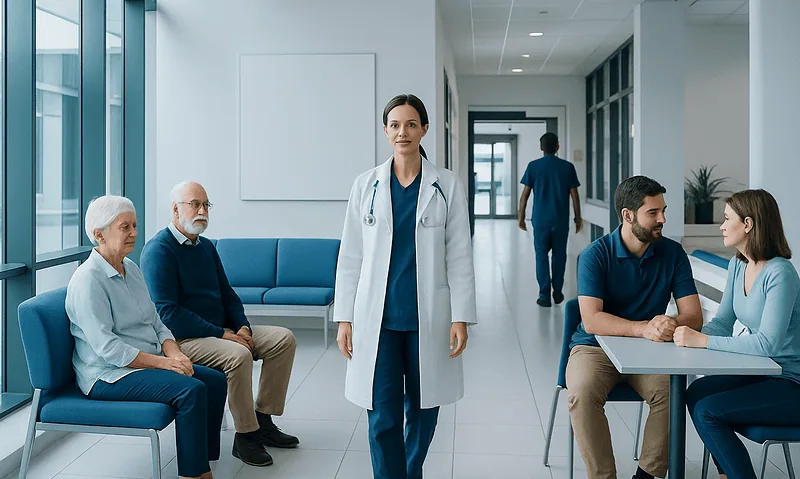 Healthcare professionals and patients in a modern hospital corridor.