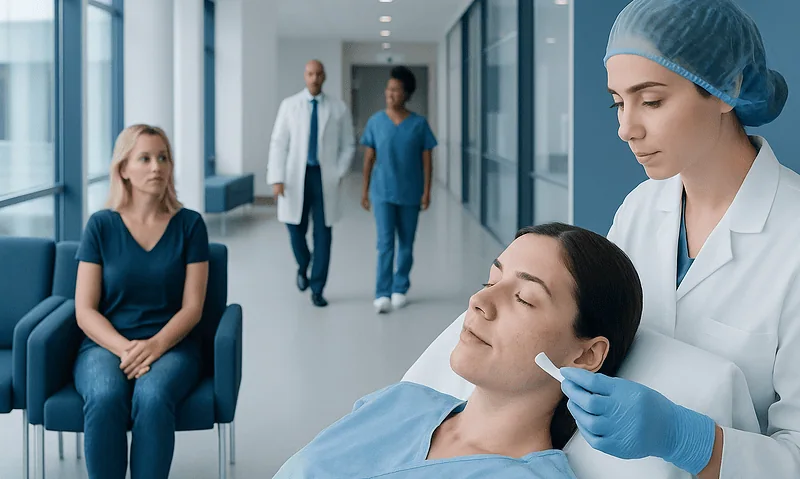 Medical professional preparing patient for skin treatment in hospital corridor.