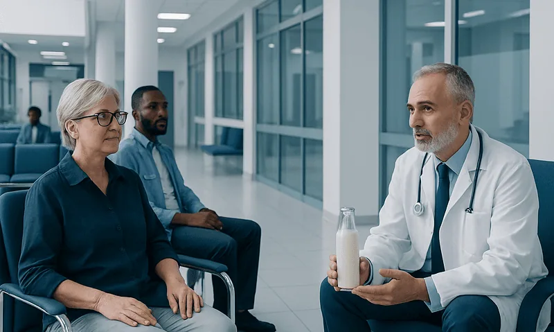 Doctor explaining milk benefits to elderly patient in hospital corridor.