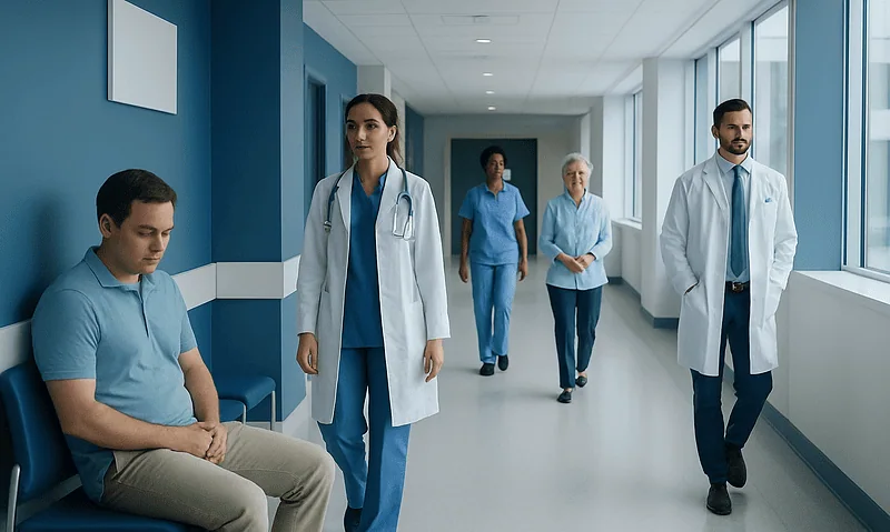 Medical professionals and patient in hospital corridor at Acibadem Hospitals Group.