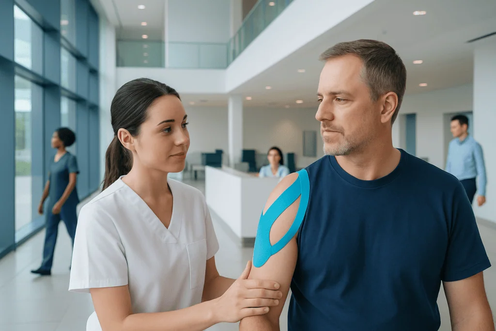 Physio Tape Rotator Cuff: An Evidence-Based Guide for Patients 1 Physiotherapist applying kinesiology tape to a patient's shoulder in a hospital.