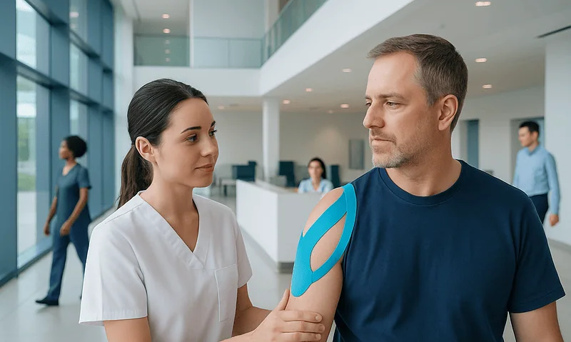 Physiotherapist applying kinesiology tape to a patient's shoulder in a hospital.