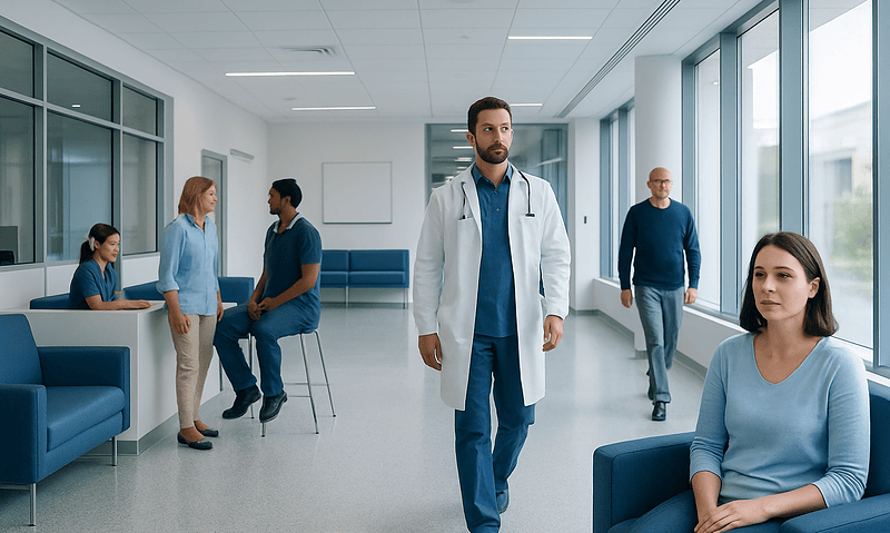 Medical professionals and patients in a modern hospital waiting area.