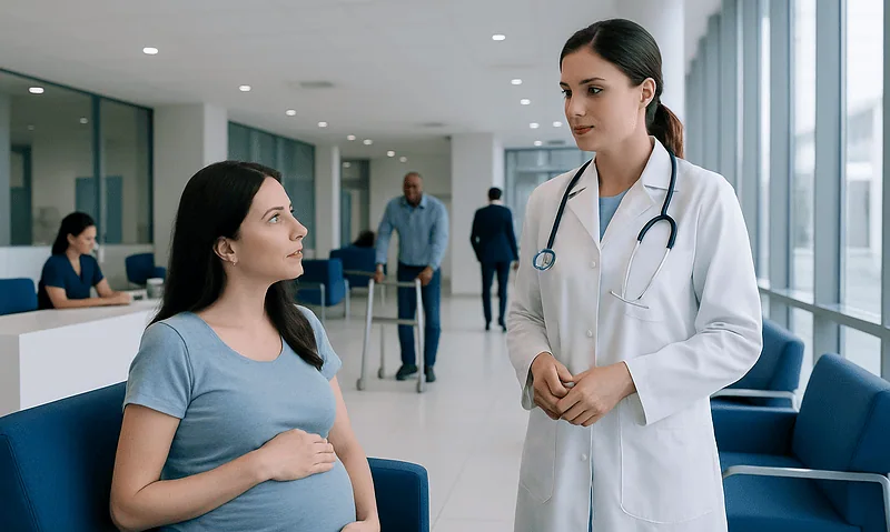 Pregnant woman consulting with a doctor in a hospital lobby.