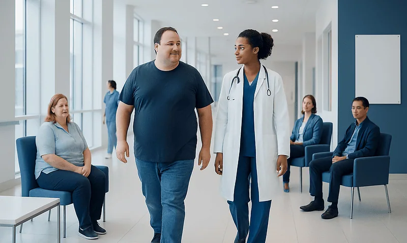 Healthy man walking with doctor in hospital corridor.