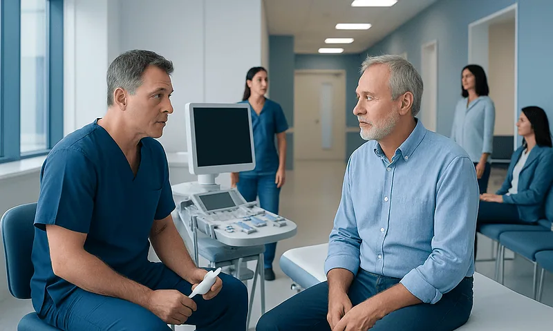 Can Prostate Cancer Be Detected by Ultrasound: Preparation, Procedure and Results 5 Doctor consulting with patient in a hospital corridor.