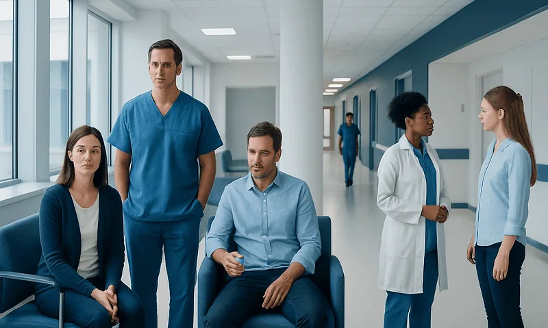 Medical team waiting in hospital corridor for patient care.