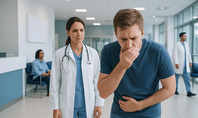 Young man experiencing reflux symptoms in a hospital corridor.