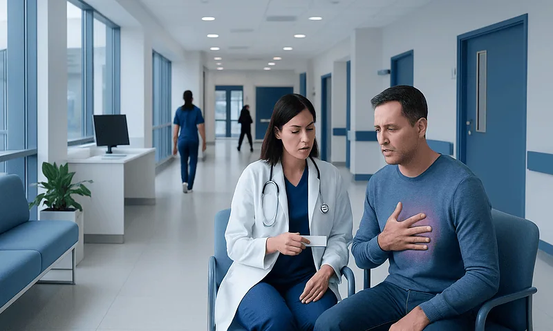 Doctor consulting with patient in hospital corridor.