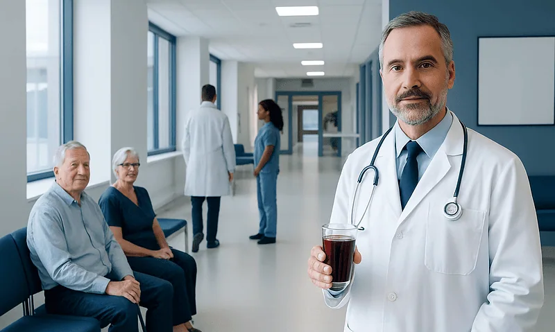 Doctor holding a glass of juice in a hospital corridor with patients nearby.