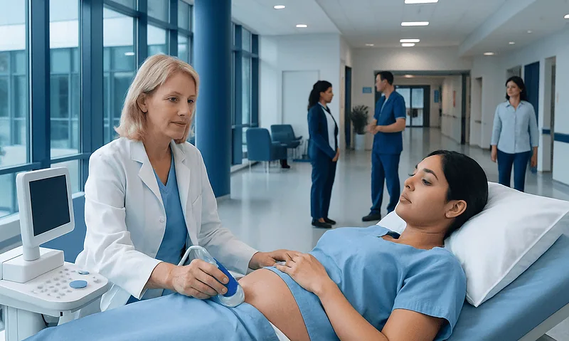 Doctor performing ultrasound on pregnant woman in hospital.