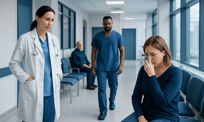 Medical professionals discussing a patient in a hospital corridor.