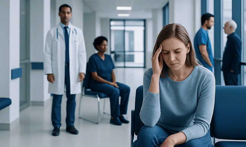Young woman with headache in hospital waiting area with medical staff.