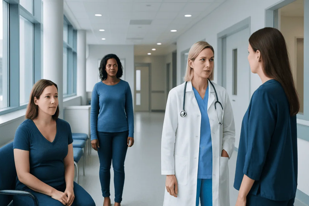 Do You Gain Weight Before Ovulation? Common Changes 1 Medical consultation with female healthcare professionals in hospital corridor.