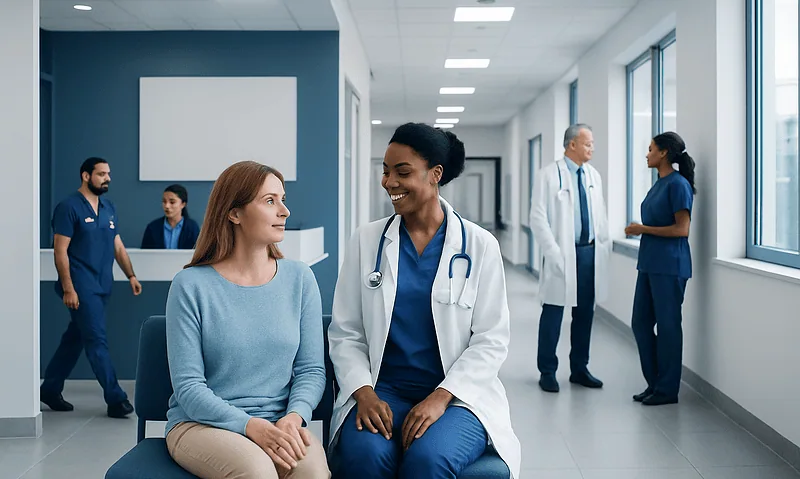 Healthcare professionals and patient in a modern hospital corridor.
