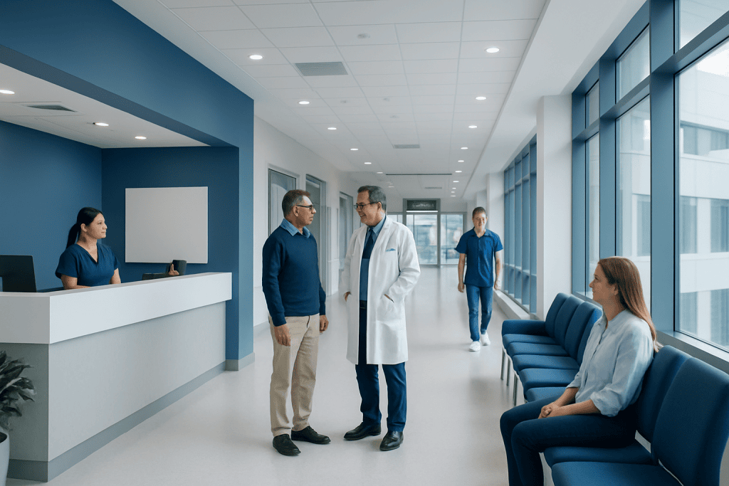 Xiidra for Post LASIK: An Evidence-Based Patient Guide 1 Medical professionals and patients in a modern hospital corridor.
