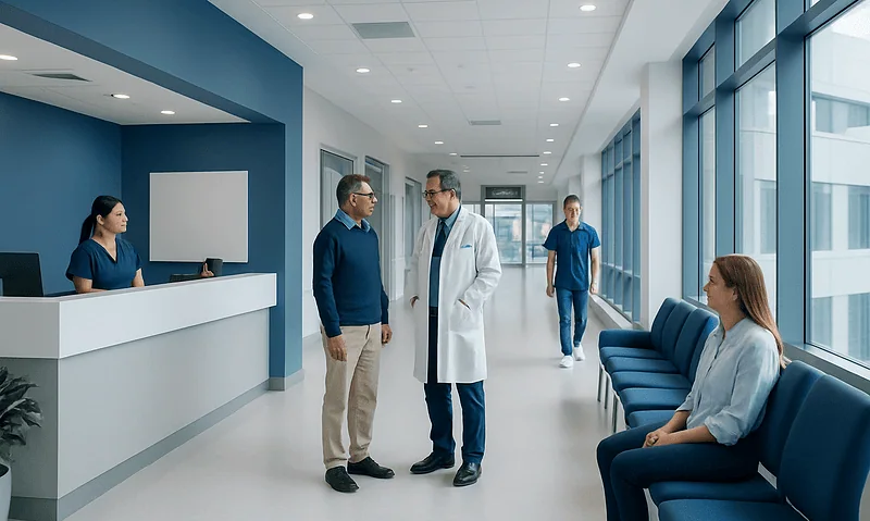 Medical professionals and patients in a modern hospital corridor.