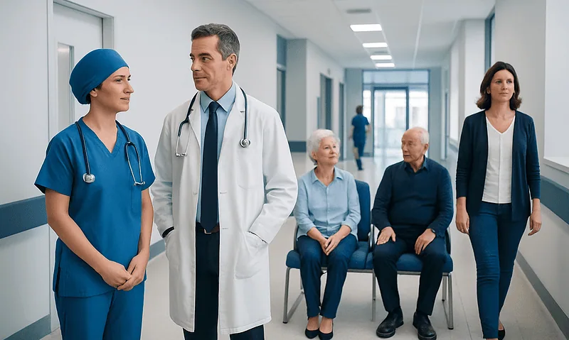 Medical staff and patients in a hospital corridor at Acibadem Hospitals Group.
