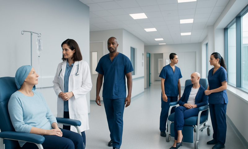 Medical team consulting with patients in hospital corridor at Acibadem Hospitals.