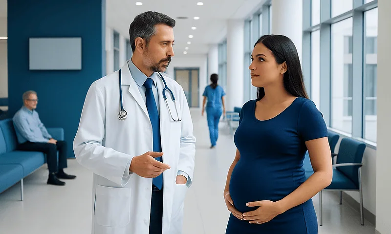 Doctor consulting pregnant woman in hospital corridor.