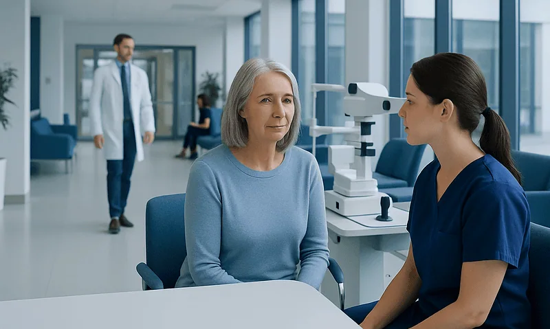 Ophthalmologist consulting with a patient in a modern clinic setting.