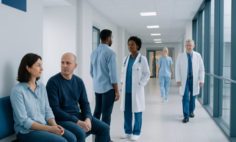 Patients and doctors in a hospital corridor at Acibadem Hospitals Group.