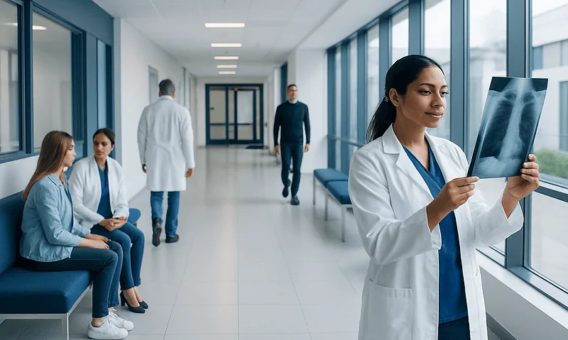 Healthcare professionals in a hospital corridor reviewing X-ray images.